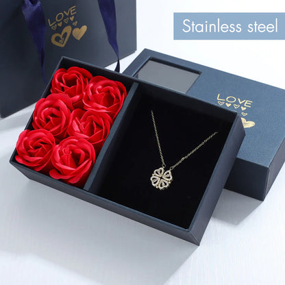 Rose Gift Box Leaf Grass Necklace and Heart Necklace