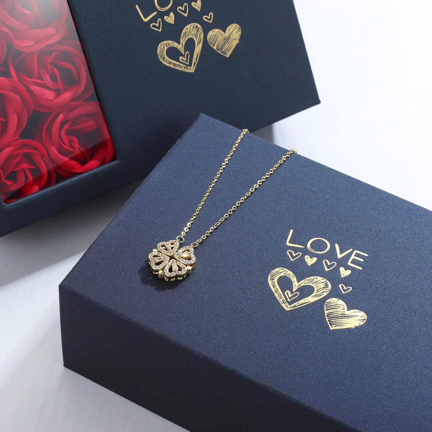 Rose Gift Box Leaf Grass Necklace and Heart Necklace