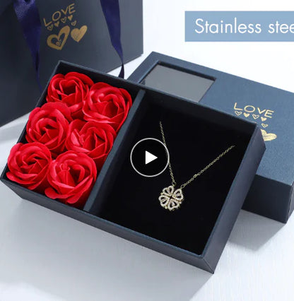 Rose Gift Box Leaf Grass Necklace and Heart Necklace