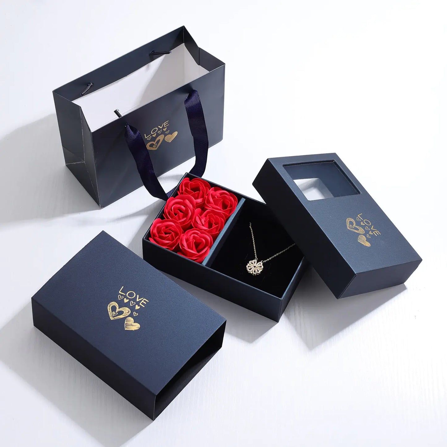 Rose Gift Box Leaf Grass Necklace and Heart Necklace